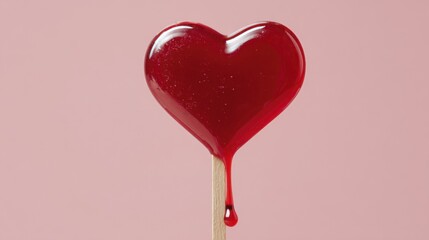 Heart Shaped Red Lollipop with Dripping Syrup on Pale Pink Background