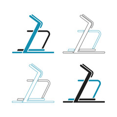 Four stylized illustrations of a modern treadmill in different color variations on a white background