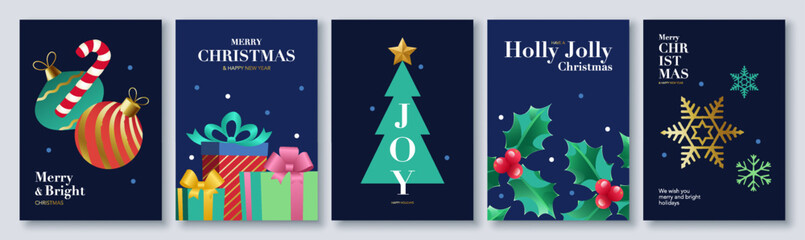 Minimalist Merry Christmas and Happy Holidays greeting card set. with typography and  Christmas ornaments, snowflake, Christmas tree, gifts