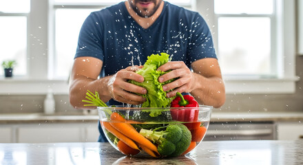 Man washing fresh vegetables in bowl at kitchen sink