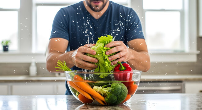 Man washing fresh vegetables in bowl at kitchen sink  