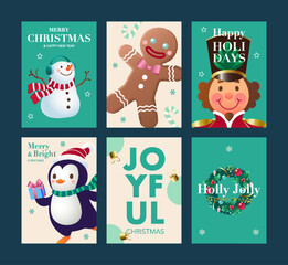 Cute Christmas greeting card set with typography and hand drawn festive gingerbread man, snowman, nutcracker, penguin and Christmas decorative design elements on green and nude colored background