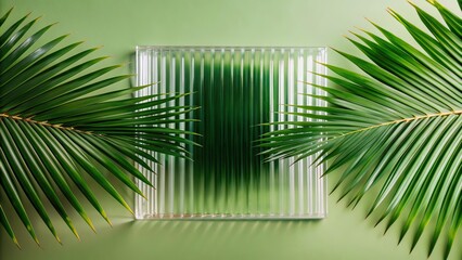 Green palm with reeded glass. Stylish blank canvas with realistic texture for premium illustration. Ribbed Background. White Reeded Glass. Blurred luxury banner for summer presentation. Plant leaves.