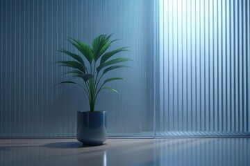 Green palm with reeded glass. Plant leaves. Ribbed Background. Luxury cosmetic wall with summer decoration. Minimalist vanity background with frosted texture for spa aesthetic. White Reeded Glass.