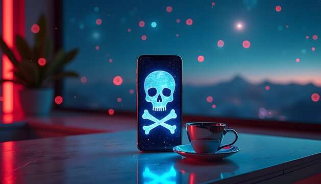 Cybersecurity threat concept with a skull on a smartphone screen. - Powered by Adobe