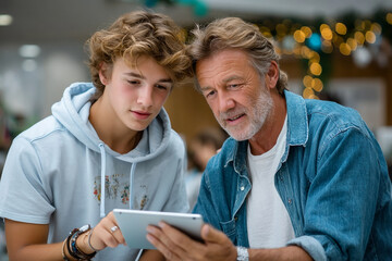 Father and son learning on tablet, man teaching teenager. moment of family bonding with digital technology, showing guidance and support