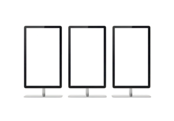 Three modern flat screen computer monitors arranged side by side on stands isolated on transparent background