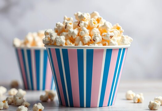 Classic striped blue paper cup overflowing with delicious popcorn in a box ,  snack,  packaging