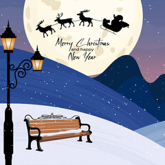 Beautiful Christmas silhouette illustration of Santa Claus flying in his sleigh with reindeer across a large glowing moon above a big city skyline. Magical winter night scene wonder of Christmas Eve