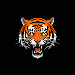 Fierce Roaring Tiger Head Vector Illustration with Bold Orange and Black Stripes