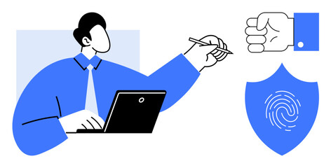 Person using a laptop and holding a pen, fist icon symbolizing strength, shield with fingerprint. Ideal for cybersecurity, data protection, identity, privacy, authentication, trust innovation