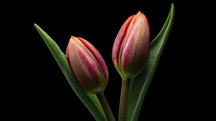 Naklejka premium Two Tulip Flower Buds Displayed in Studio Setting Against Black Background