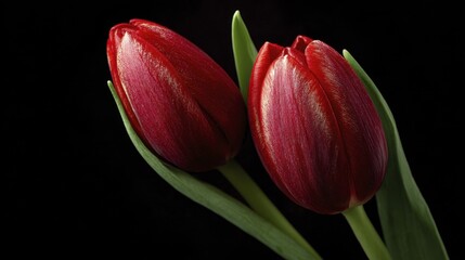 Naklejka premium Closeup View of Two Closed Dark Red Tulip Flowers Against a Black Background