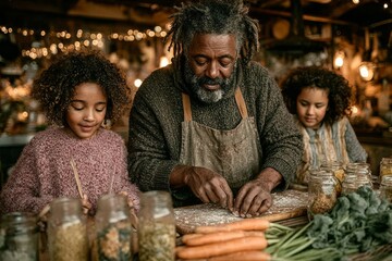 Parents and children cooking together in a bright kitchen with fresh vegetables, wooden utensils. Generative AI