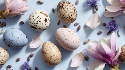 Obraz premium Easter Eggs and Flowers Composition on a Light Blue Background Overhead View