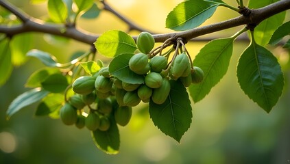 Branch detail shot featuring hanging clusters of green leaves and budding growth, emphasizing texture, vitality, and seasonal change