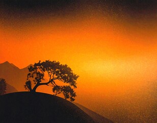 Silhouette tree on hill at sunset