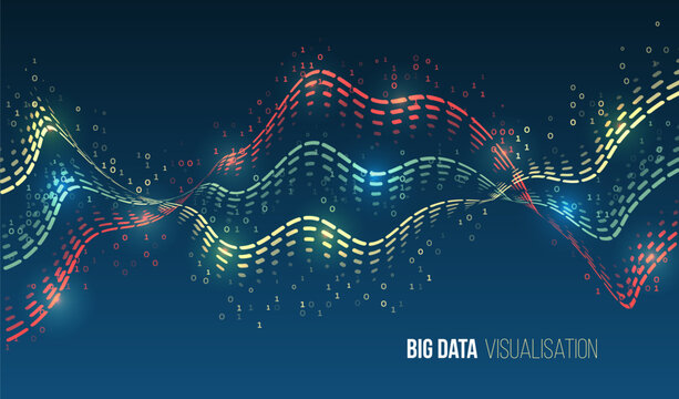 A colorful wave of binary code and glowing dots in the form of graphs symbolizing big data visualization, analytics and information flow on a dark digital background.