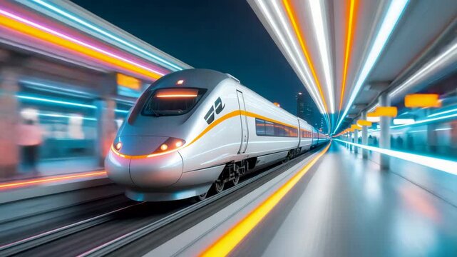 High-Speed Bullet Train Moving through Modern Station with Motion Blur Lights
