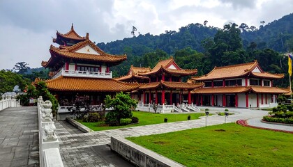 Obraz premium Magnificent Buddhist Temple Amidst Lush Greenery and Mountains.