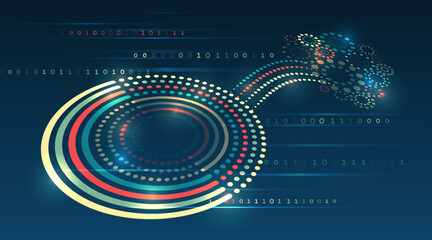 Futuristic data flow illustration with colorful circular patterns and binary code on a dark background. Concept of artificial intelligence, big data, and digital technology.