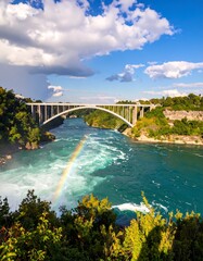 Scenic river bridge under a cloudy sky