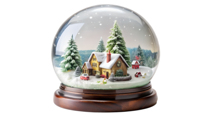 Charming snow globe featuring a cozy winter scene with a house and trees, isolated on transparent background, evoking a sense of holiday magic