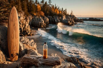 A rocky seaside cliff with an eco-friendly surfboard. Generative AI