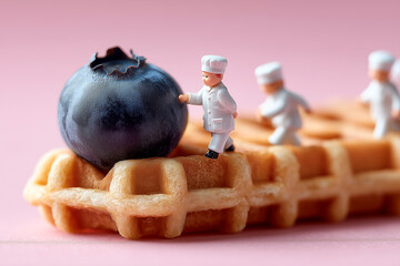 A whimsical miniature scene: chefs maneuver a blueberry atop a waffle cradle, set on a soft pink background, playful and cinematic.