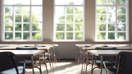 3D render of desk and chair in empty classroom with light from windows, neutral tones