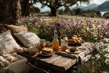Reusable picnic set laid out on a hemp tablecloth. Generative AI