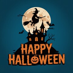 Happy Halloween spooky night graphic with a witch riding a broomstick, bats, haunted castle, and a glowing orange full moon.

