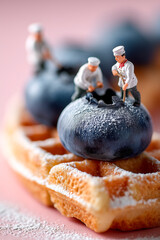 Three tiny chefs craft a blueberry pastry atop waffles, dusted with sugar, in a soft, dreamlike culinary scene.