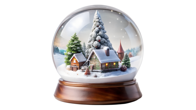 Snow globe with a miniature winter scene inside, featuring a house, trees, and snow, isolated on transparent background