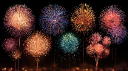 Fototapeta premium A display of colorful fireworks against the dark night sky above city.