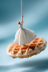 A delicate tiny girl in a white lace dress floats on a waffle cradle, suspended by a rope in a dreamlike, whimsical scene.