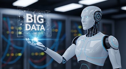 Robot Analyzing Big Data in Server Room - AI and Technology.