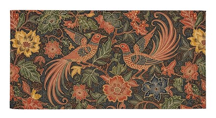 Intricate batik fabric with birds and floral motifs, isolated on white background