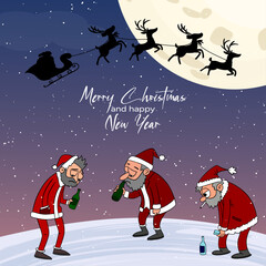 Creative and emotional Christmas illustration showing Santa&rsquo;s sleigh flying with reindeer across the big moon above a glowing city skyline, while several sad Santas stand below, watching the sky. 