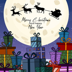Beautiful Christmas silhouette illustration of Santa Claus flying in his sleigh with reindeer across a large glowing moon above a big city skyline. Magical winter night scene wonder of Christmas Eve