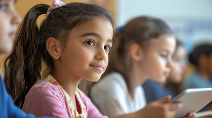 Elementary school kids using tablets in class, digital learning and technology in education
