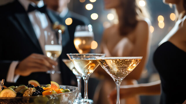 Elegant cocktail party with guests in formal wear, upscale evening vibe