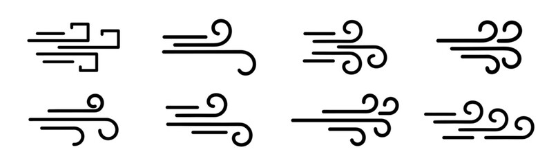 Wind blow line icon set breeze motion and weather symbol on transparent background