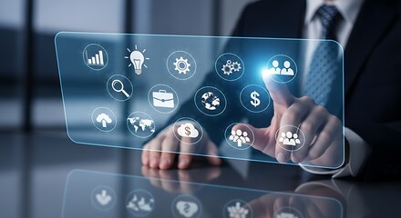 Businessman interacting with digital interface displaying business and technology icons