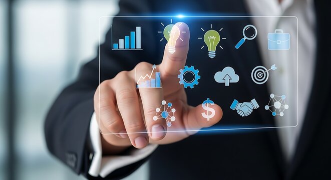 A person in a suit touching a transparent screen with business icons and data visualizations displayed - Powered by Adobe
