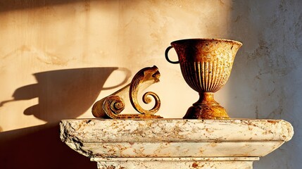 Antique goblet and scroll on marble pedestal