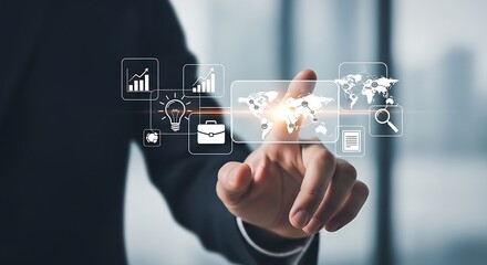 A person interacting with a digital display showing business and global communication icons around them