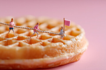 A tiny team traverses a rope line across a waffle landscape, carrying a pink flag amid a soft pink backdrop, charming and imaginative.