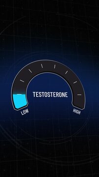 Testosterone level gauge moving, digital hormone meter showing low and high values, hormone replacement therapy, health monitoring, displaying androgens production, potency measure, copy space.