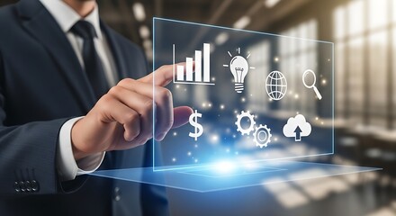 Businessman interacting with a futuristic interface displaying business related icons and data charts